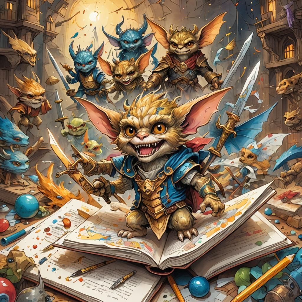 a sketch book visible,  in the book are gremlins swords aloft,  ready to battle 