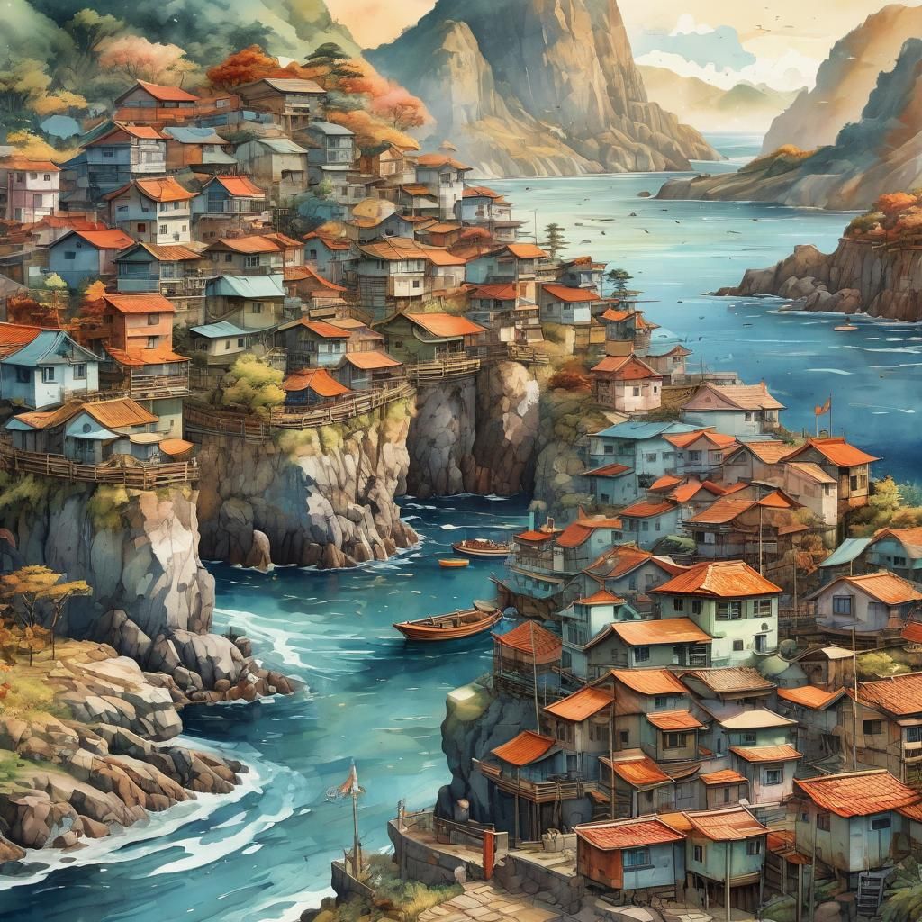 a scenic 3D life at a landscape or seascape depicted in a gl...