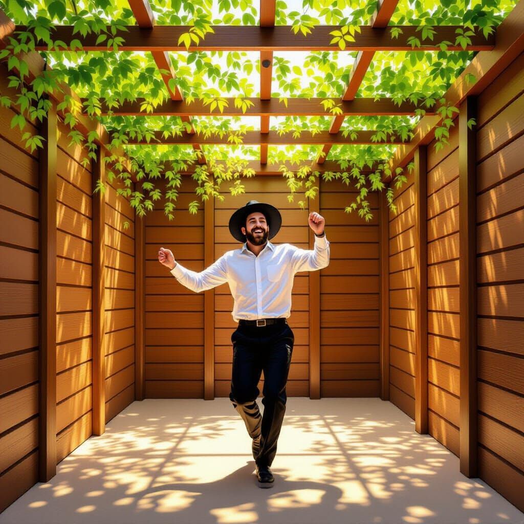 Man Joyfully Dancing in Sukkah with Folk Art Style