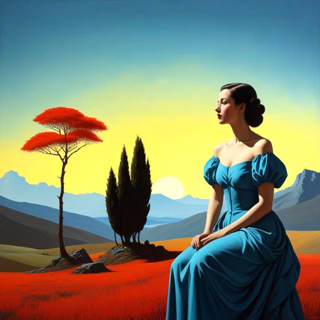 Surrealistic Fantasy Landscape with Elegant Female Silhouett...