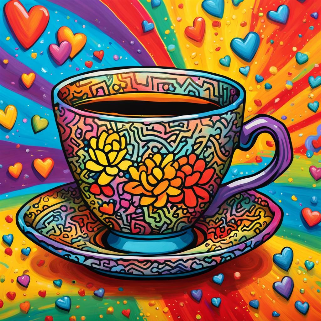 A tea cup overflowing with peace love and joy in bright bold...