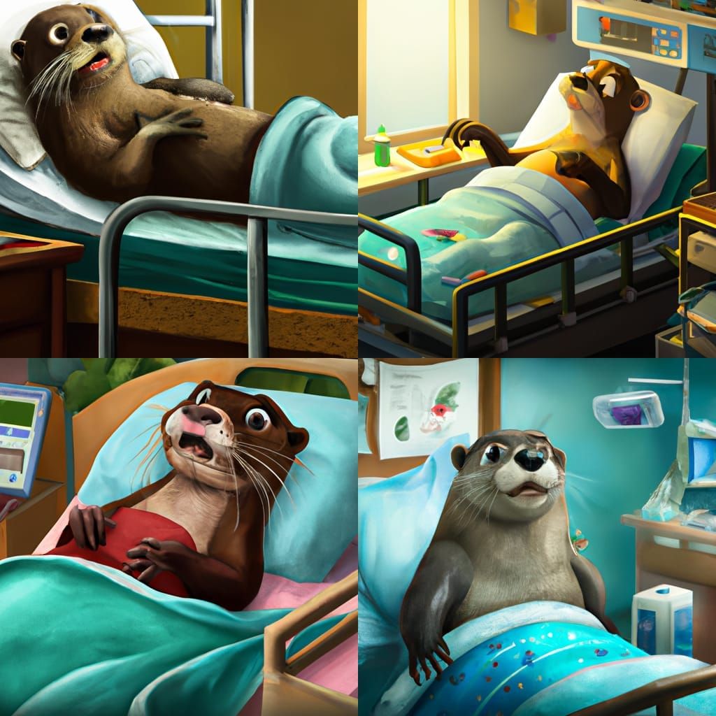 An otter lying in a hospital bed gets terrible news, digital...