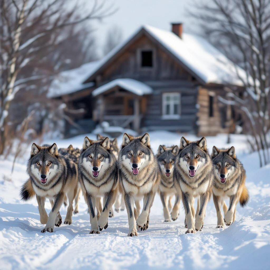 Wolves in Snowy Landscape Near Abandoned House