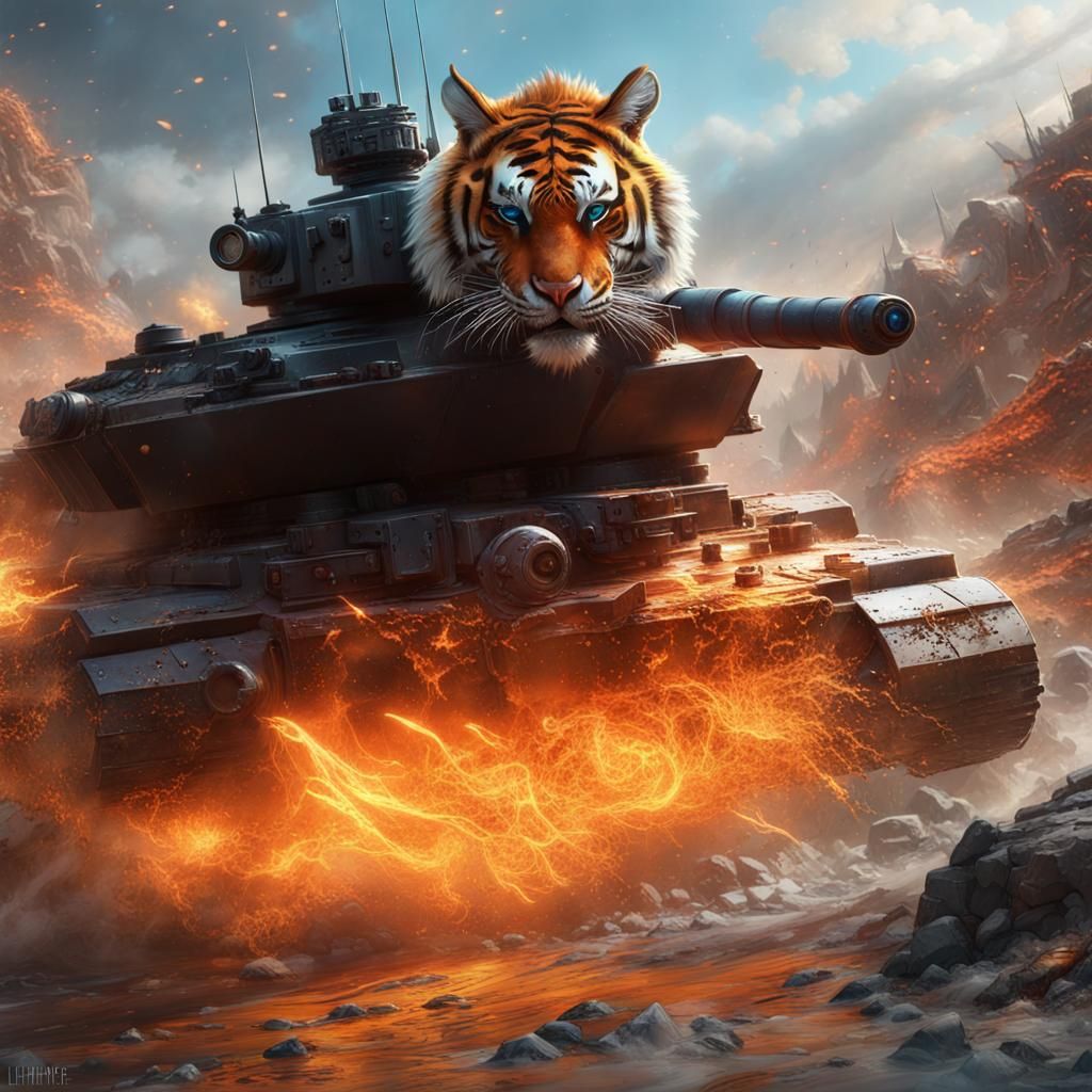 Tiger with blue eyes, stalking, tanks, explosions