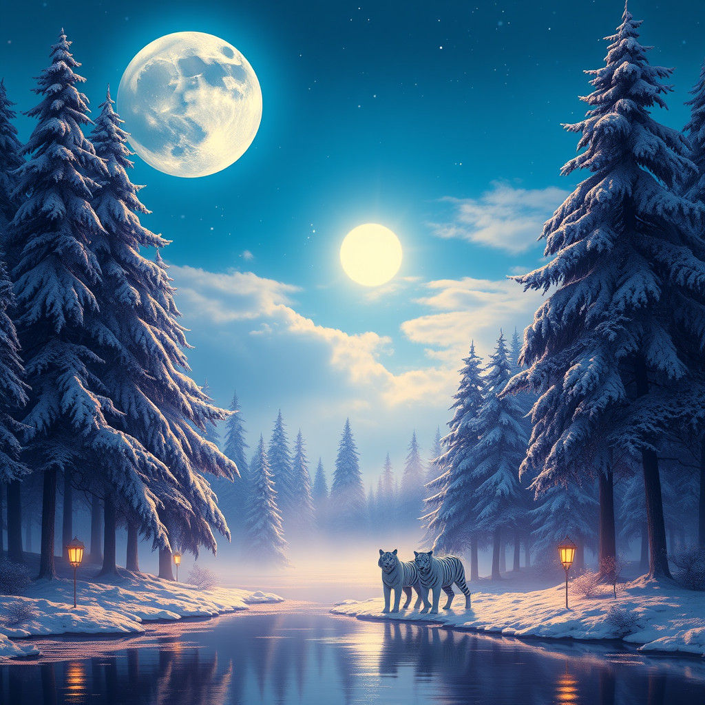 Beautiful blue sky full moon with tall trees and a lake it’s...