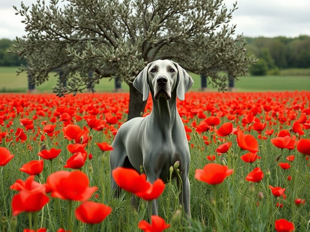 Weimaraner with Olive Tree and Red Poppies  by @Brian