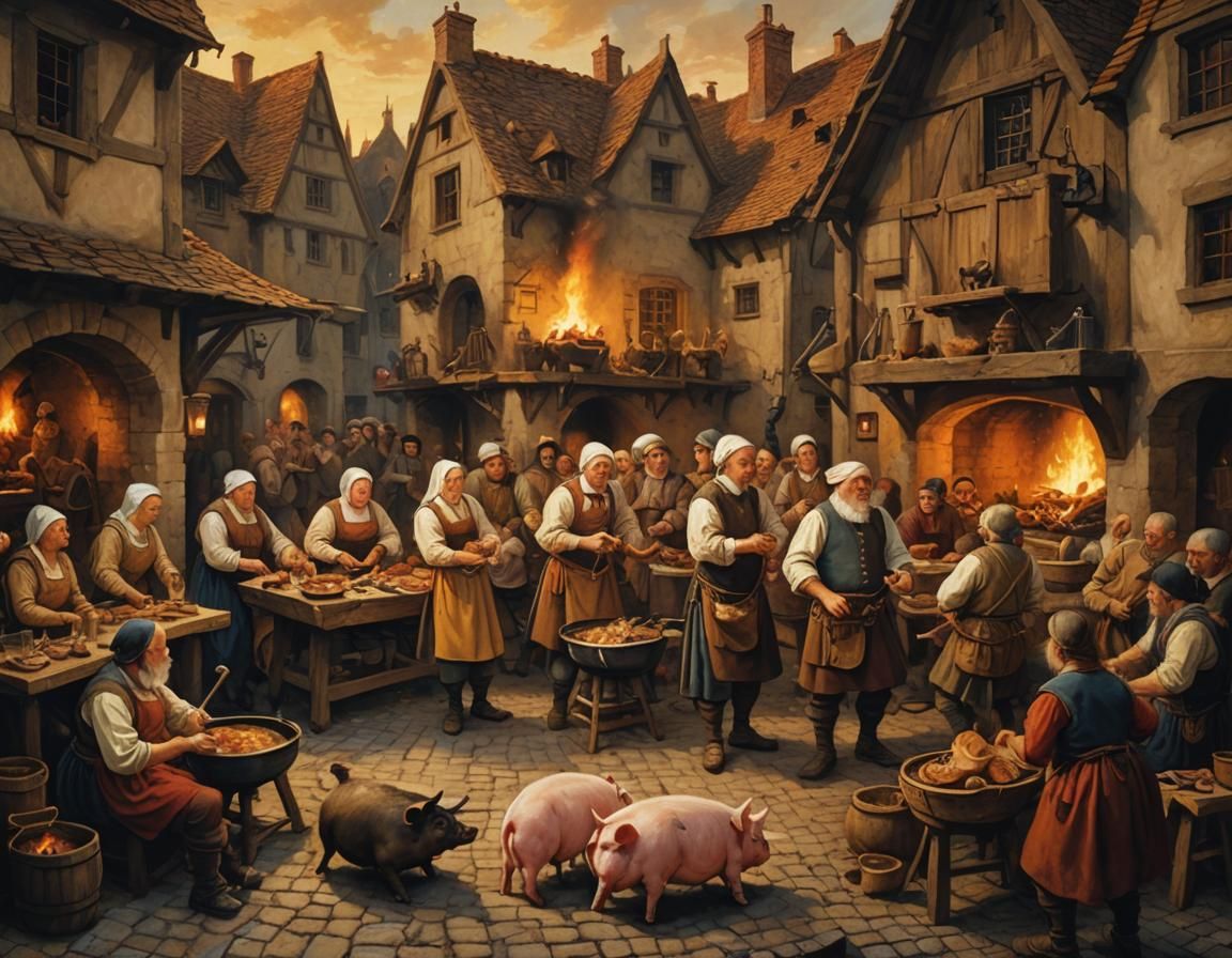 Medieval banquet on the town square, pig on a spit, bagpipe players, drunken villagers, Pieter Brueghel style
