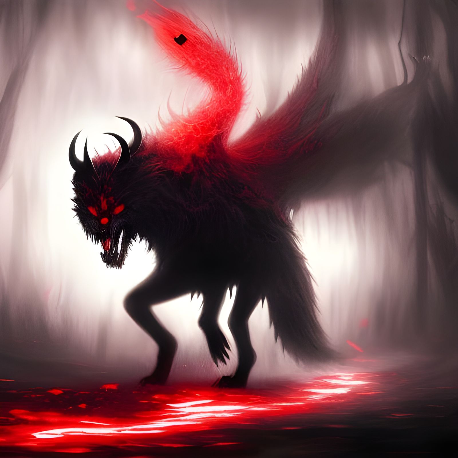 Detailed creepy ferocious dark demonic ethereal wolf, black and red ...