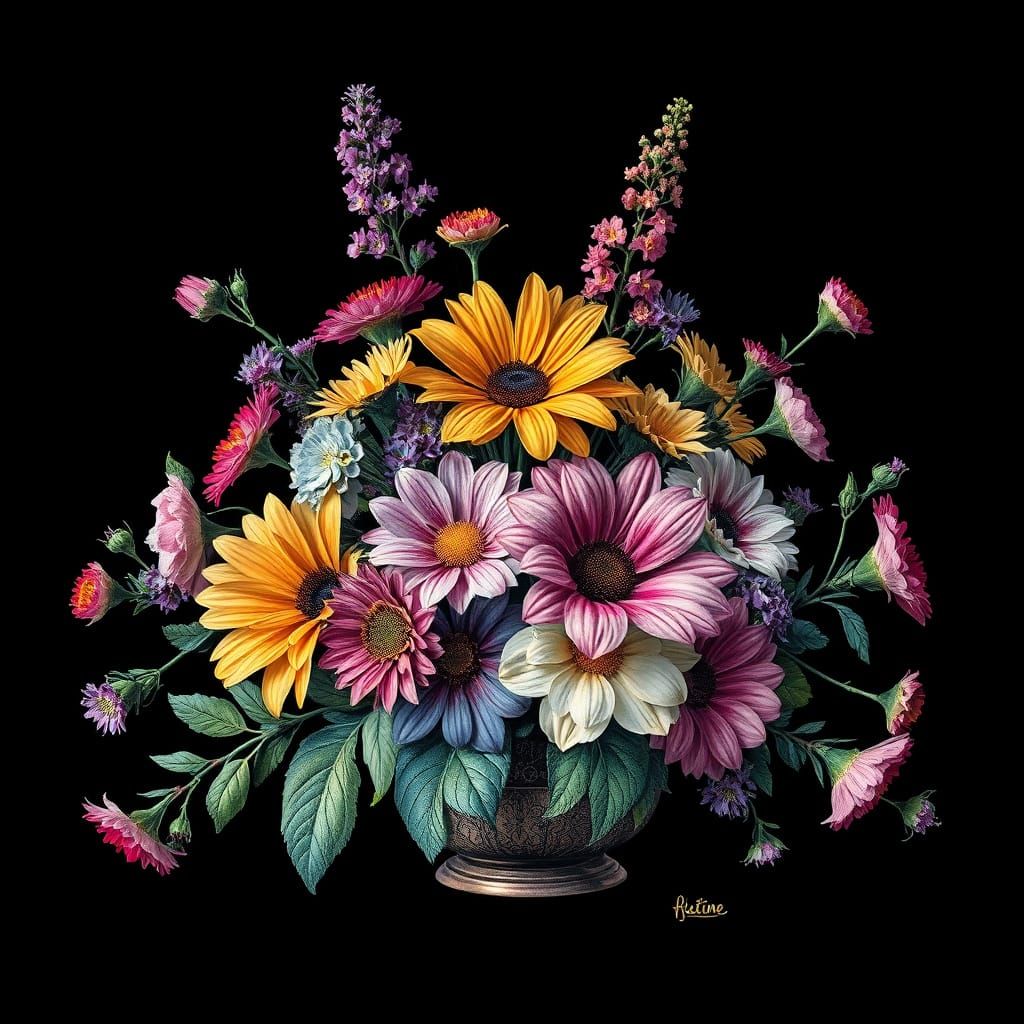 Beautiful colorful floral still life using scratchboard technique on a black background 