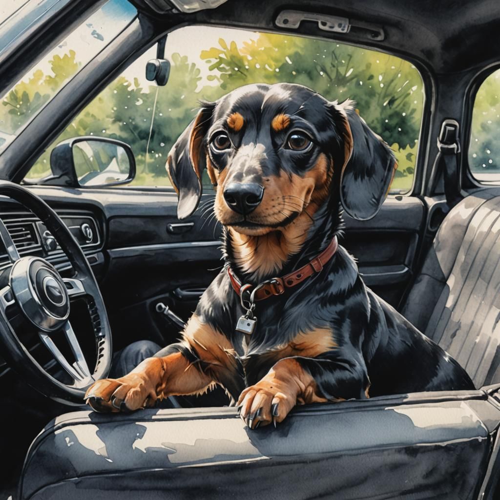 A watercolor charcoal drawing of a dachshund driving around ...