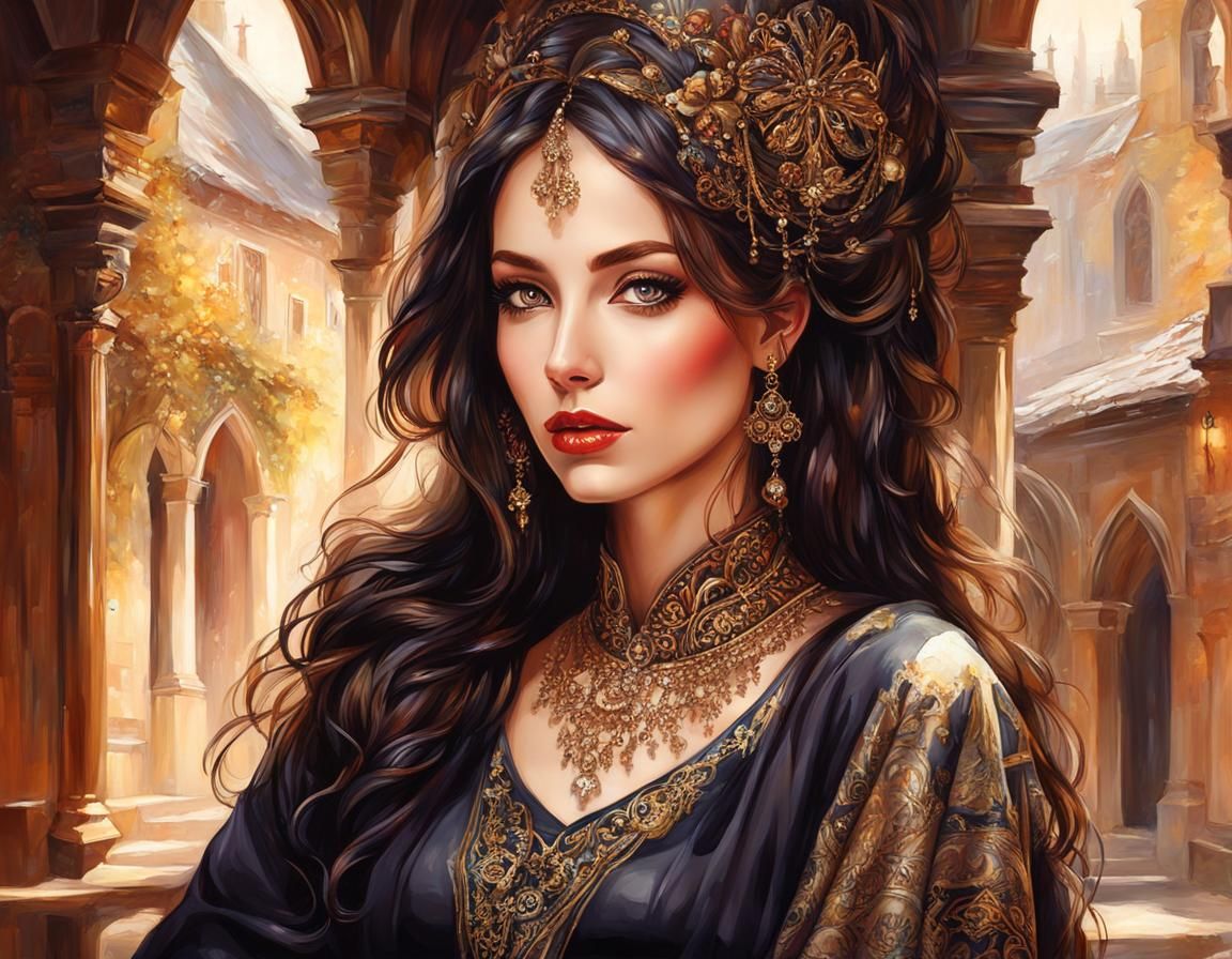 Sensual Woman in Medieval Attire with Village in the Backgro...