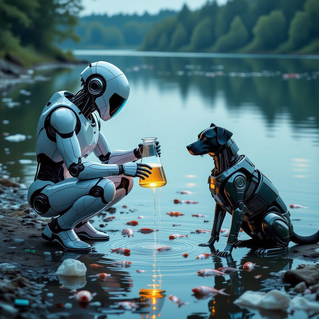 RAW photo, Hyperrealistic scene. An **advanced humanoid android** is in a **crouching position** at the edge of a **severely polluted lake**...