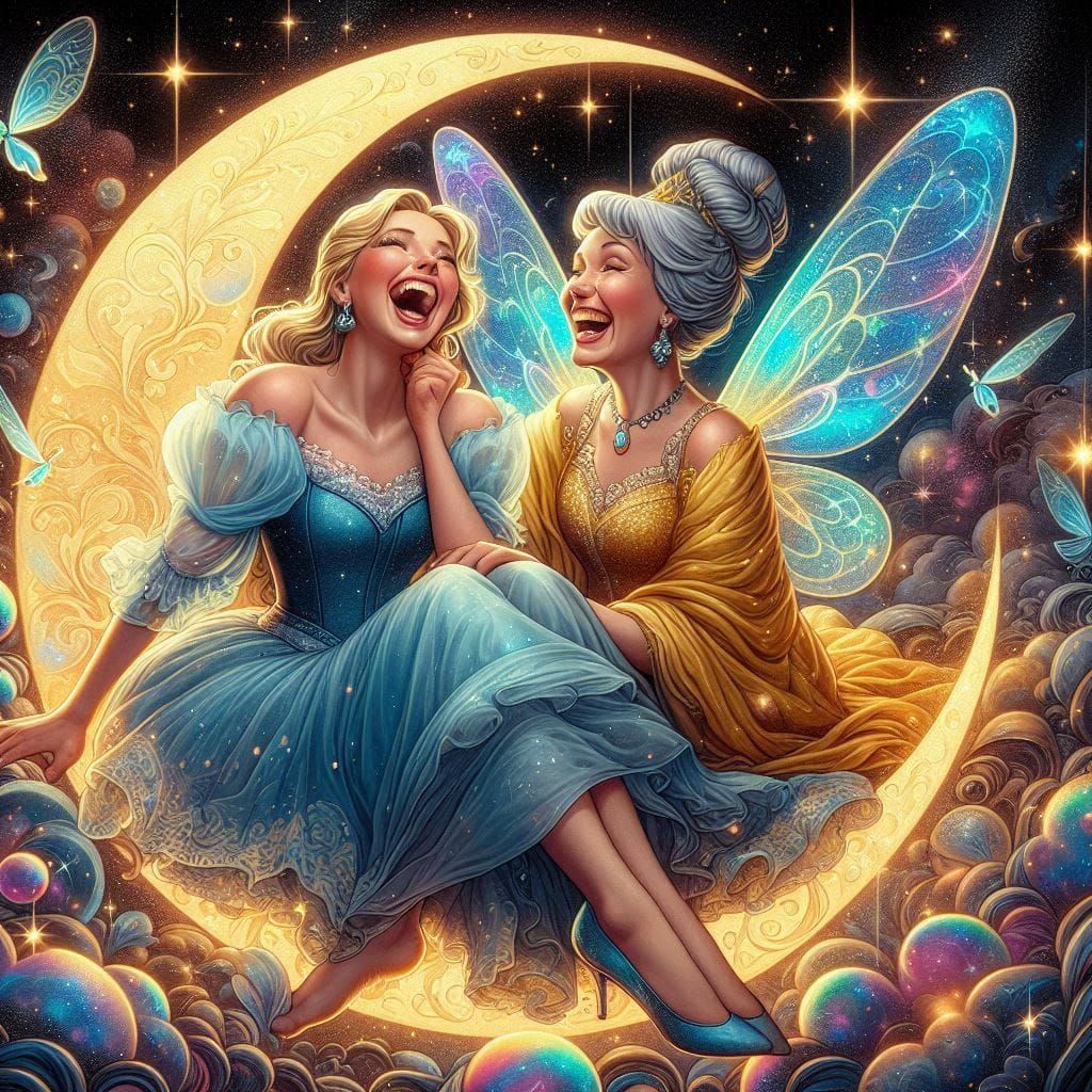 Cinderella and Fairy God Mother laughing at the antics of th...