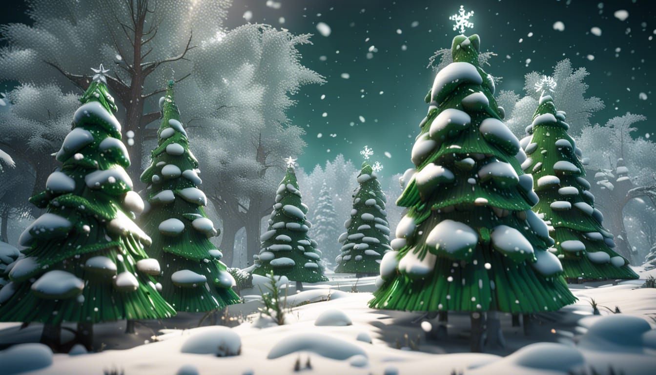 green and silver christmas trees snow with snowflakes 3D Game Cinematic  Feel, Epic 3D Videogame Graphics, Intricately Detailed, 8K Resolutio... -  AI Generated Artwork - NightCafe Creator