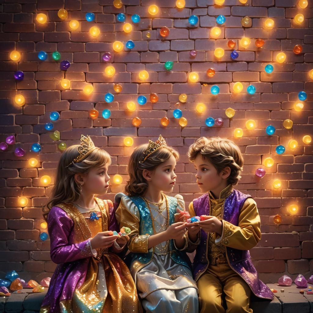 Little girl and boy dressed as prince and princess eating candy, protected by a brick wall of light. 