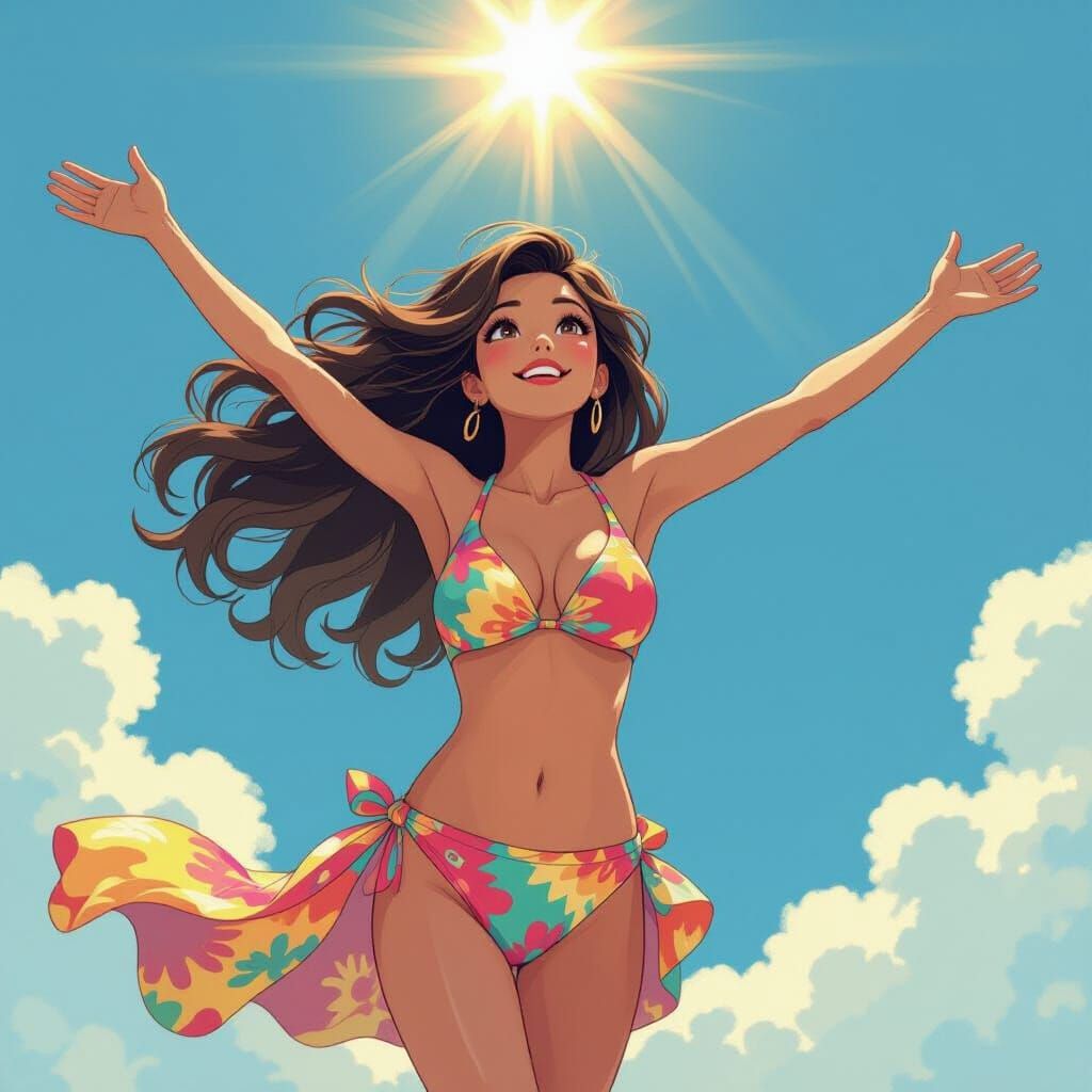 A beautiful lady wearing a bikini flying to the sky.



