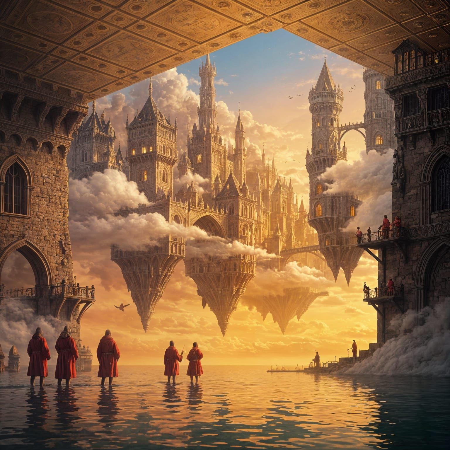 A picture of a medieval city floating in the air, large, ancient houses and towers floating among the clouds. The city is shown at sunset, w...