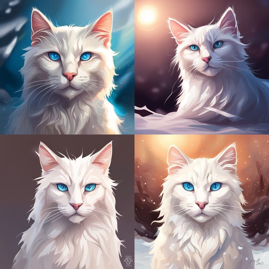 White cat with sky blue eyes sitting in the snow