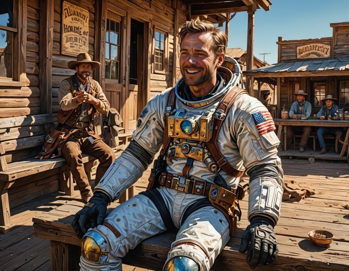 Astronaut sitting on the verandah of a Wild West town in the 1800's  by @Runway Lights 