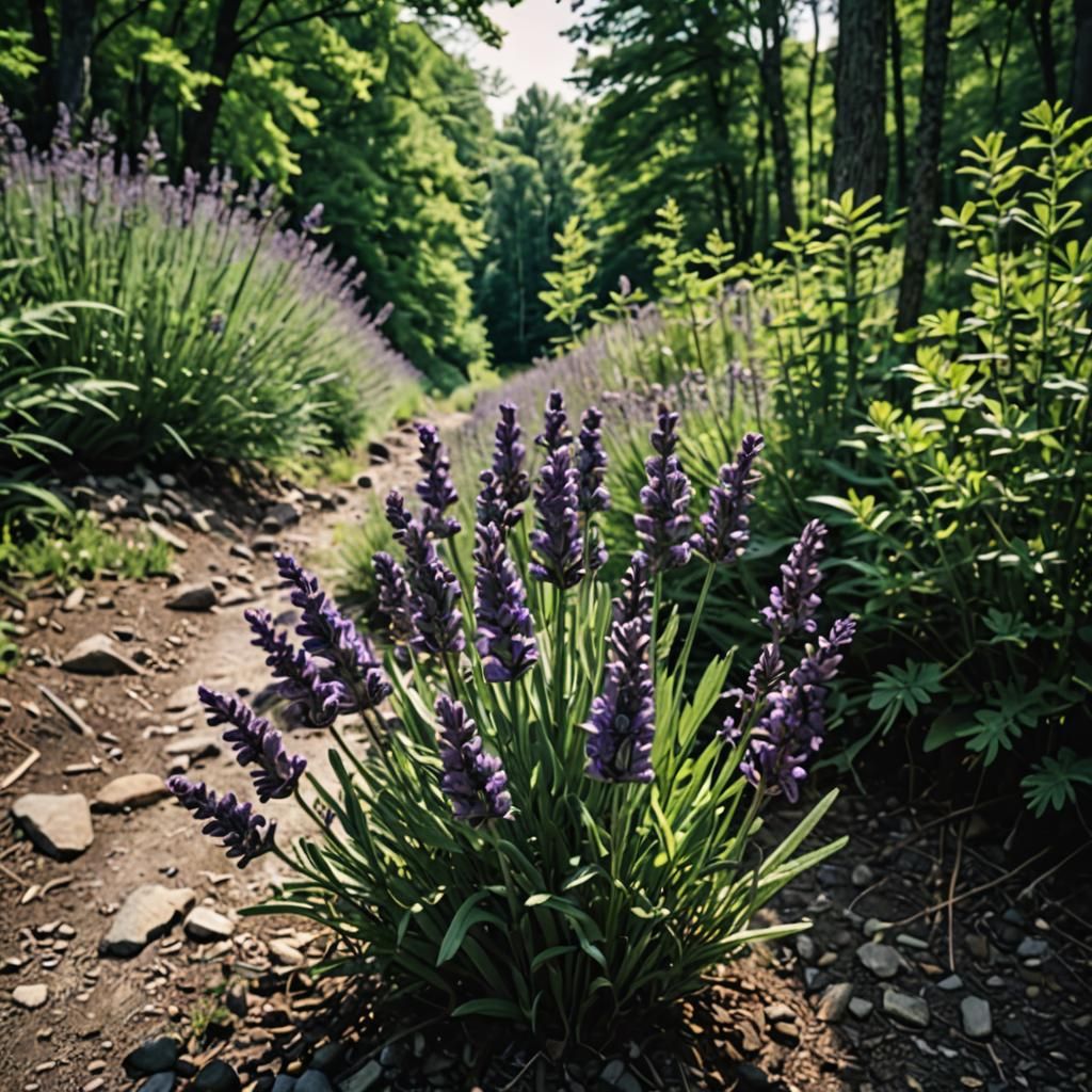 Hyper-realistic lavender growing on the side of a path on a ...