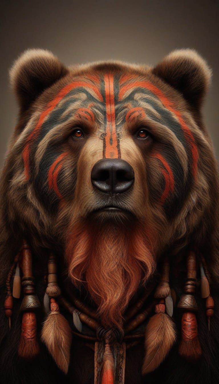 Photograph Portrait: obese Grizzly Bear-Viking Shaman-Fire Demon; exudes sarcasm and sophistication; his concerned gaze fixed on the viewer;...