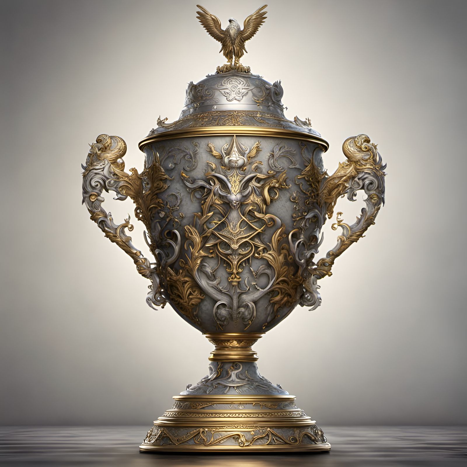 An elaborate gold and silver filigreed trophy with a neutral...