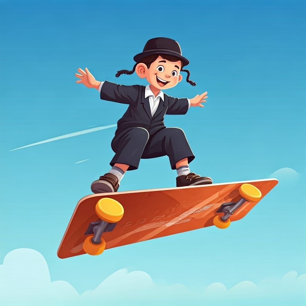 Cheerful Haredi Boy Hovering on Credit Card Skateboard