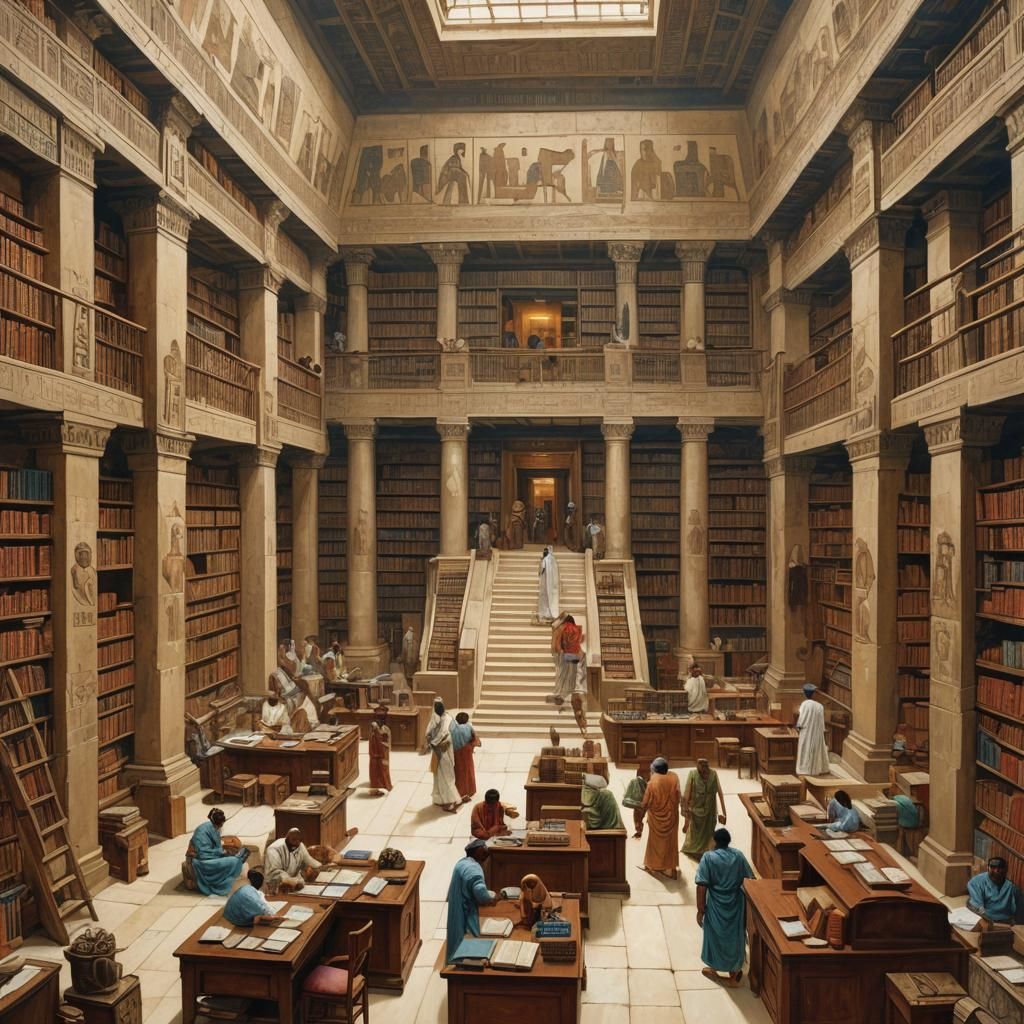 Ancient Egyptian multilevel library with pyramids outside the windows and characters that look biblical ...  by @undefined
