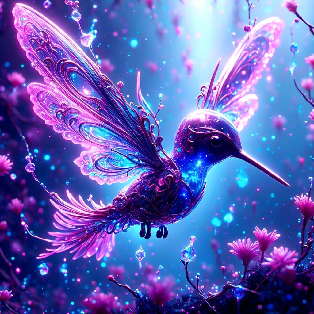 <lora:glow:1.0> glowing glass hummingbird 