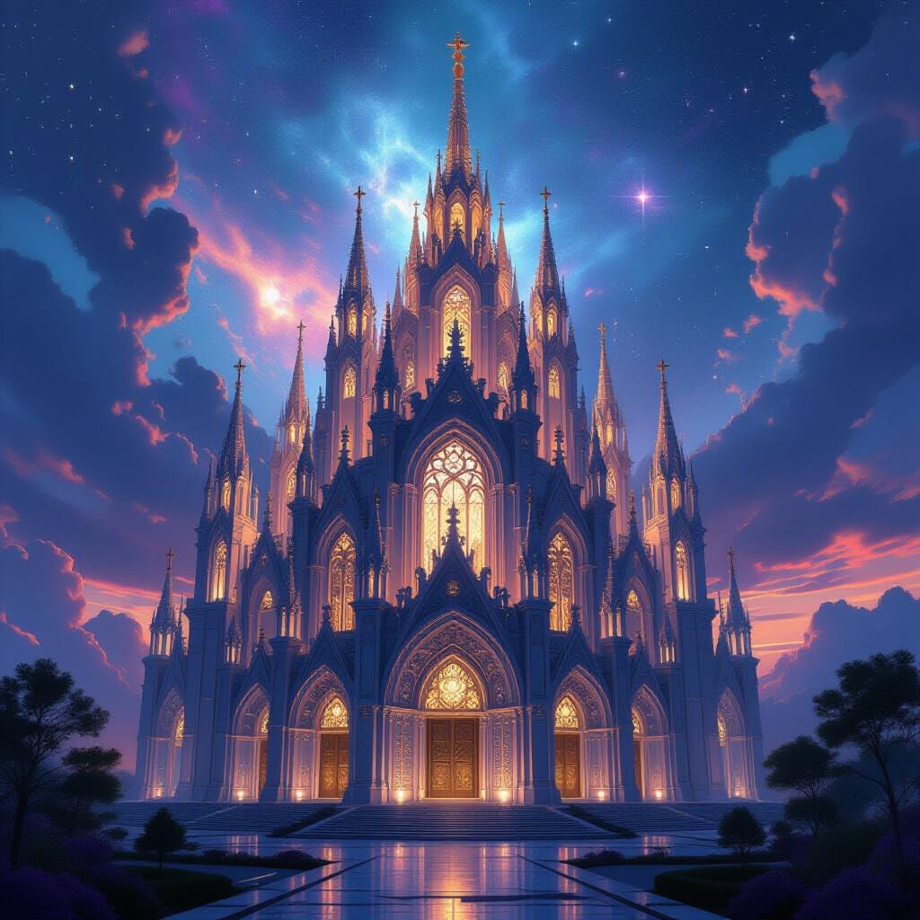Ethereal Cathedral Soaring into Nebula Sky