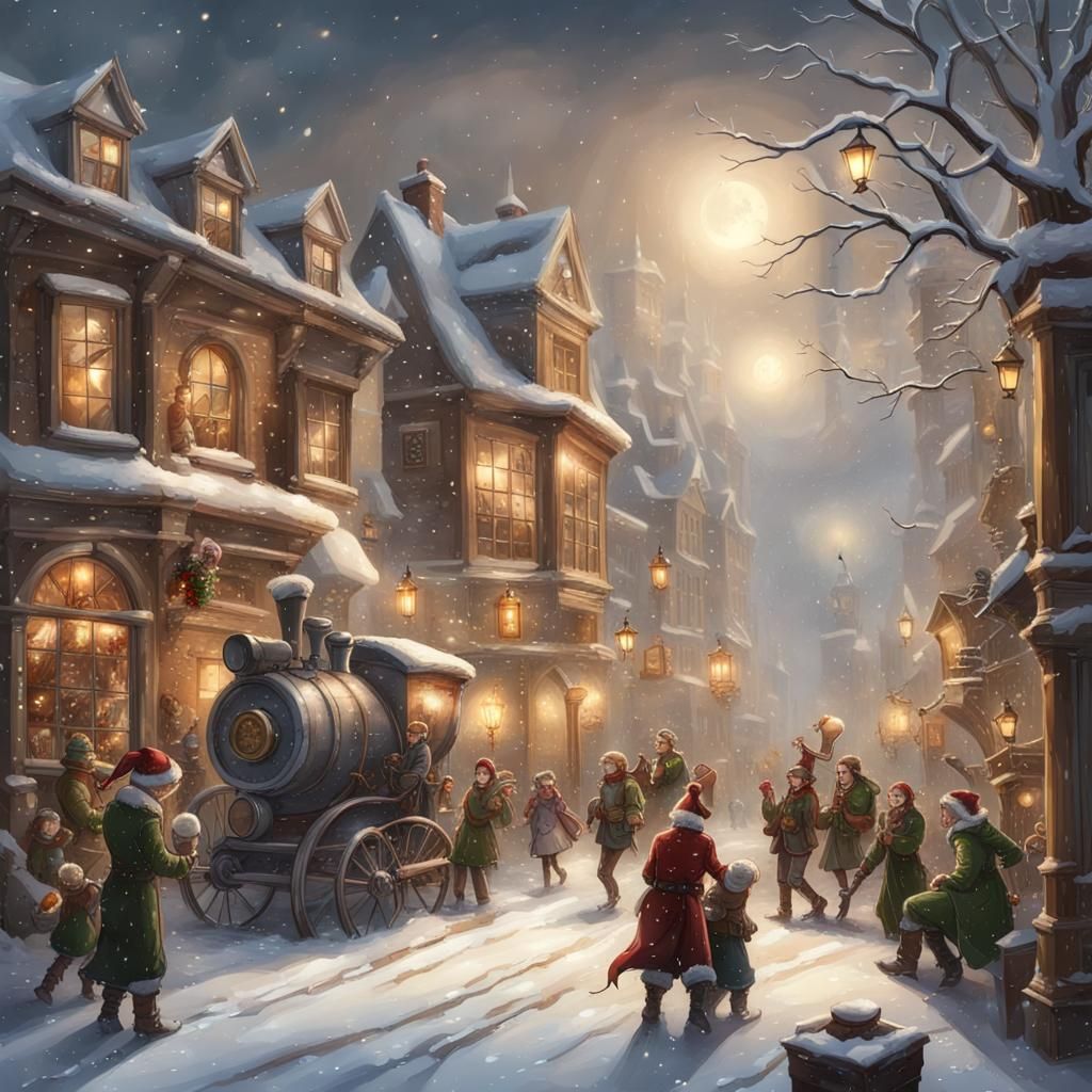 Steampunk Christmas Town with Elves and Santa