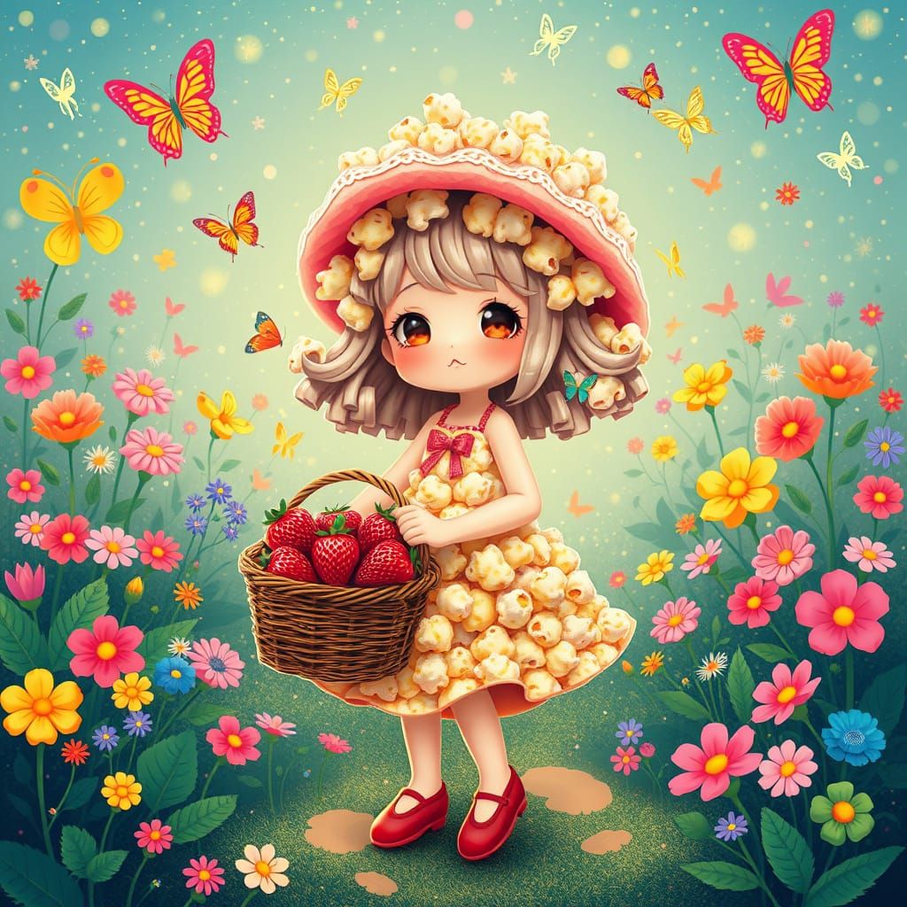 Popcorn Anime Girl in Whimsical Garden