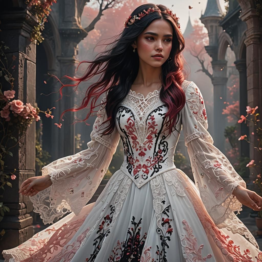 A Princess with loose flowing black to red ombre hair