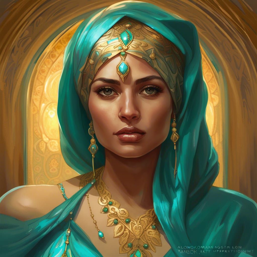 A middle eastern woman in a Turquoise and gold dress and hea...