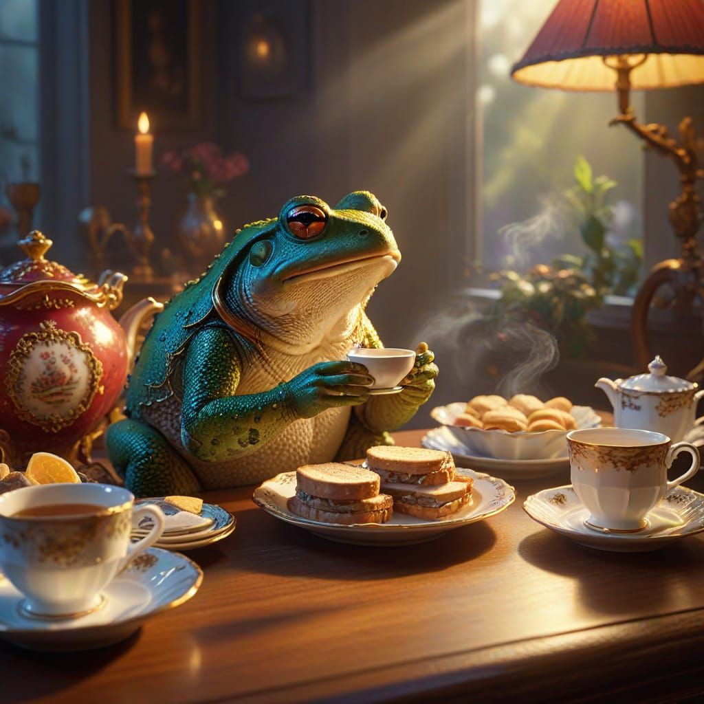 Mr. Toad Enjoys Tea in Pixar-Style Digital Art