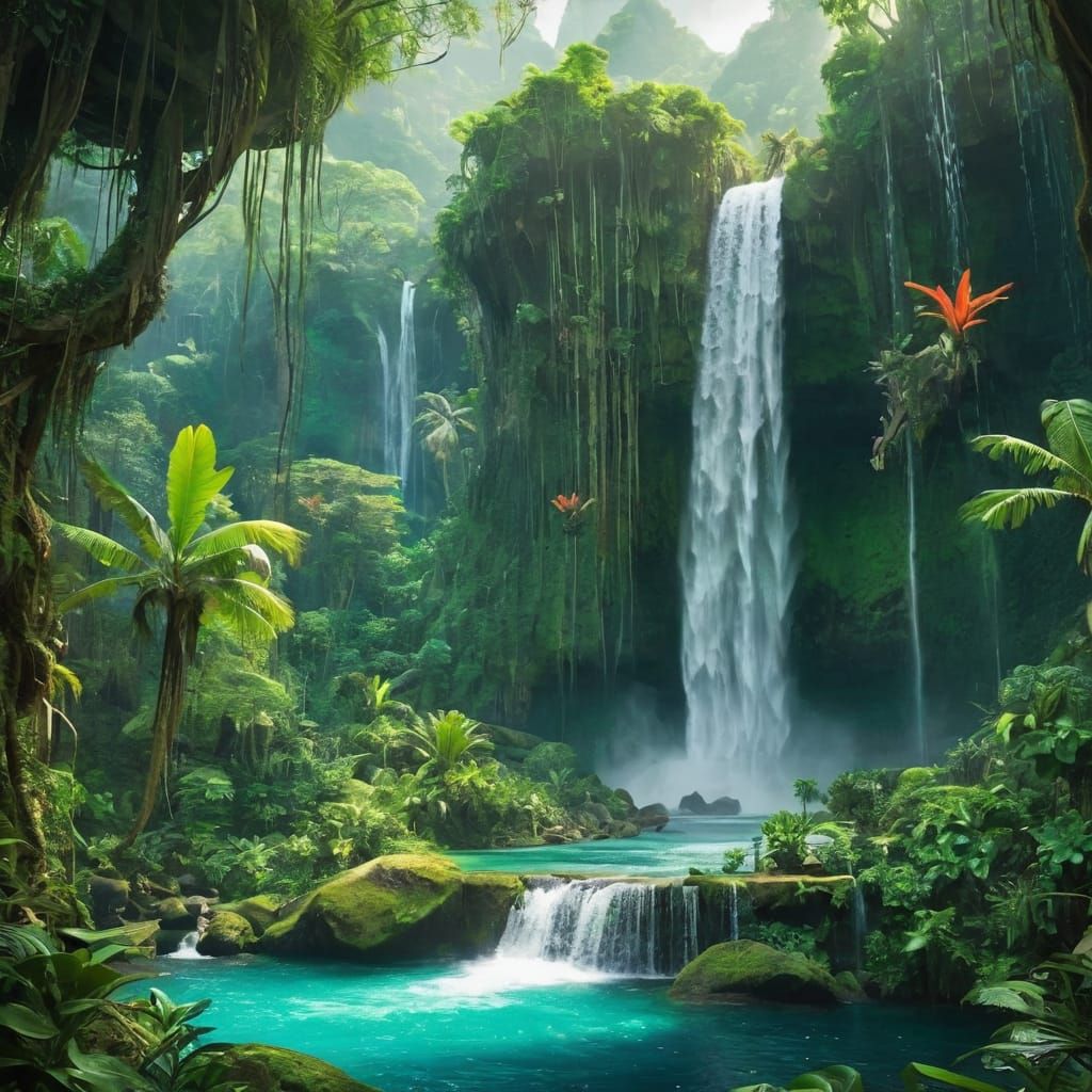 Lush jungle with waterfalls