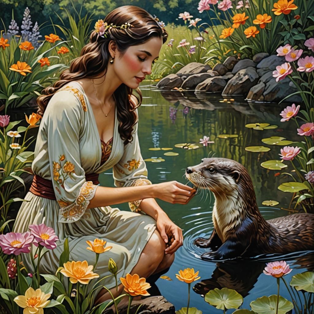 A woman pets an otter | open-prompt  by @TTRPG_Player