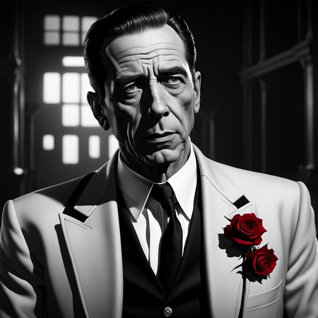 Humphrey Bogart from chest up,all black and white except for...