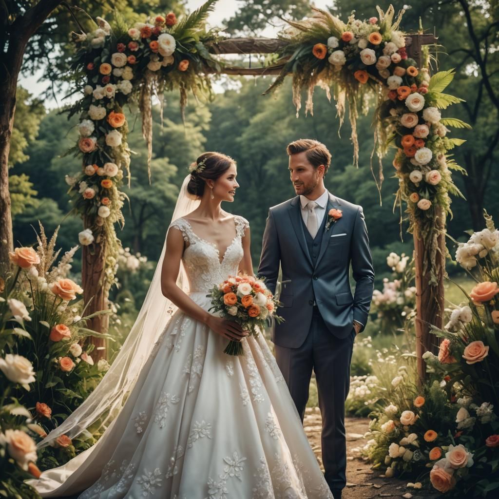 Bride and Groom in a Flower-Adorned Wedding Venue