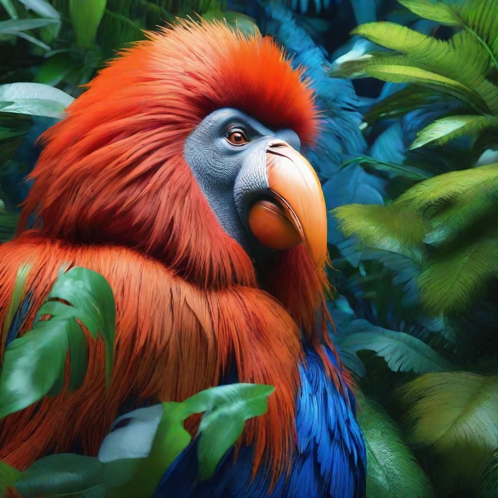 Orangutan-Pelican Hybrid in Lush Jungle: 3D Anime Art
