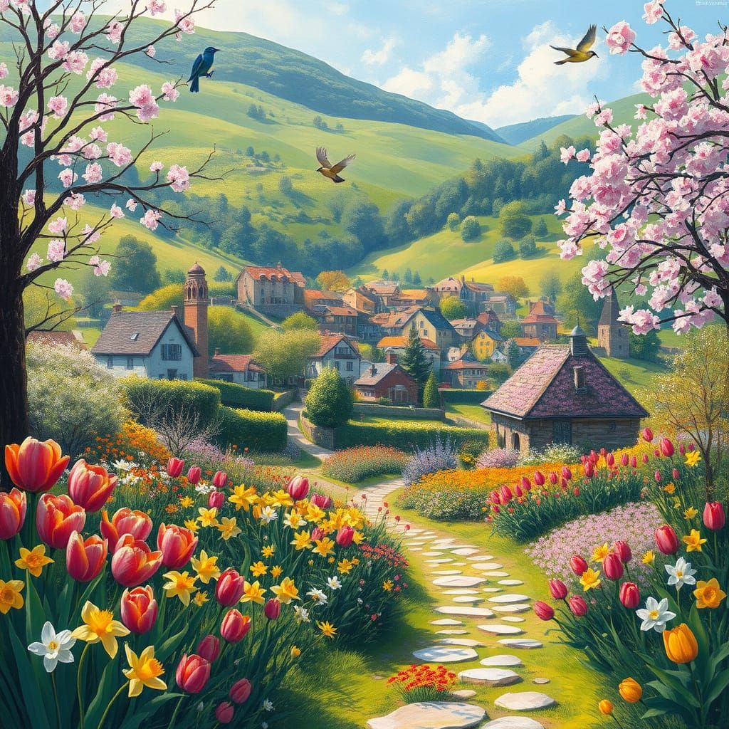 A peaceful springtime village with gardens, chirping birds, and fresh blooms.  by @undefined