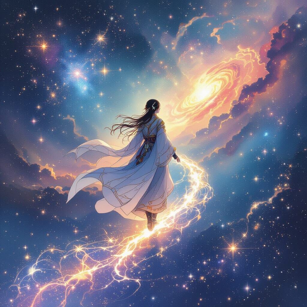 Watercolor anime-style epic cosmic illustration. A lone traveler with a radiant aura drifts through endless ...  by @undefined