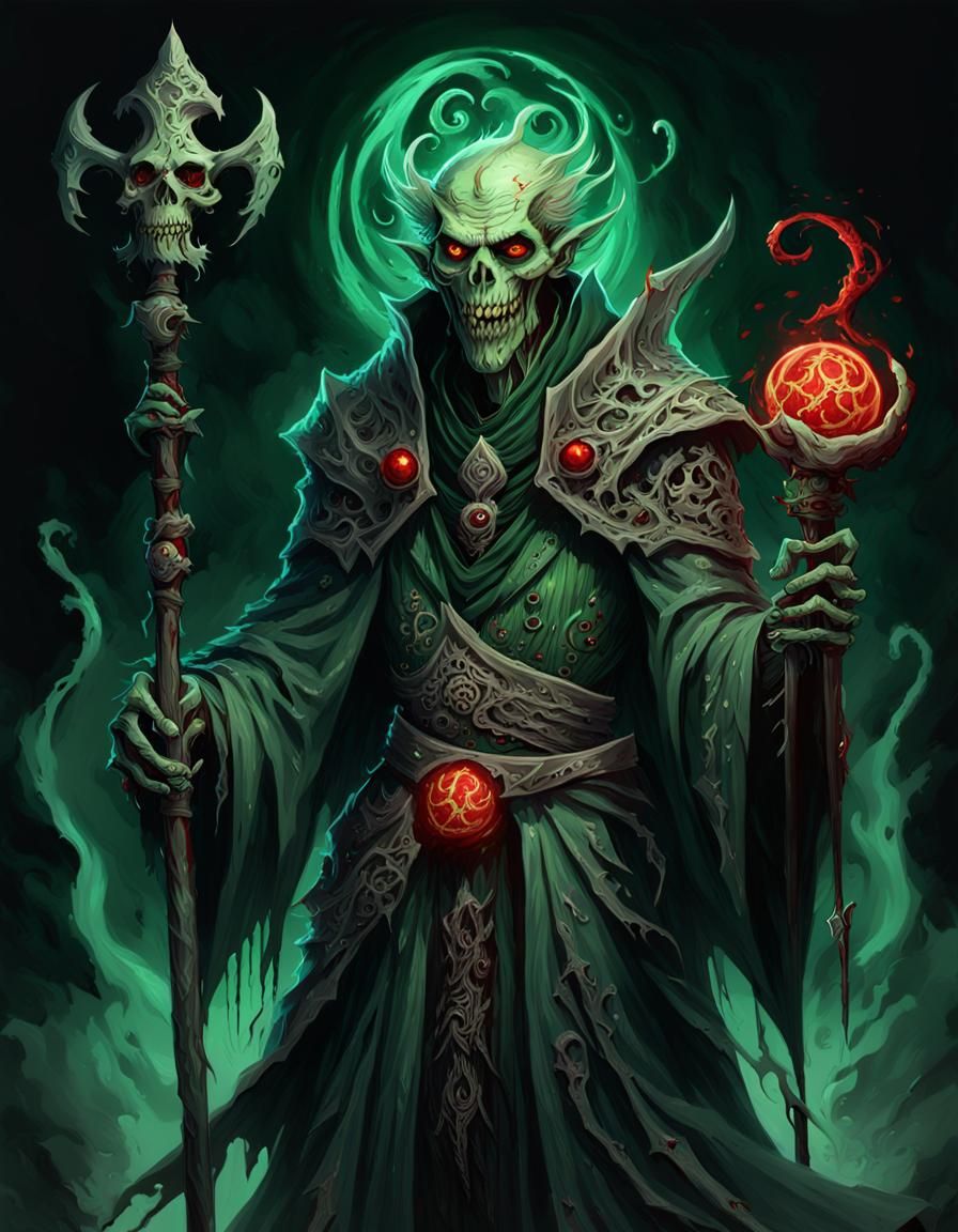 A smiling majestic gaunt rotting undead lich wizard with a l...
