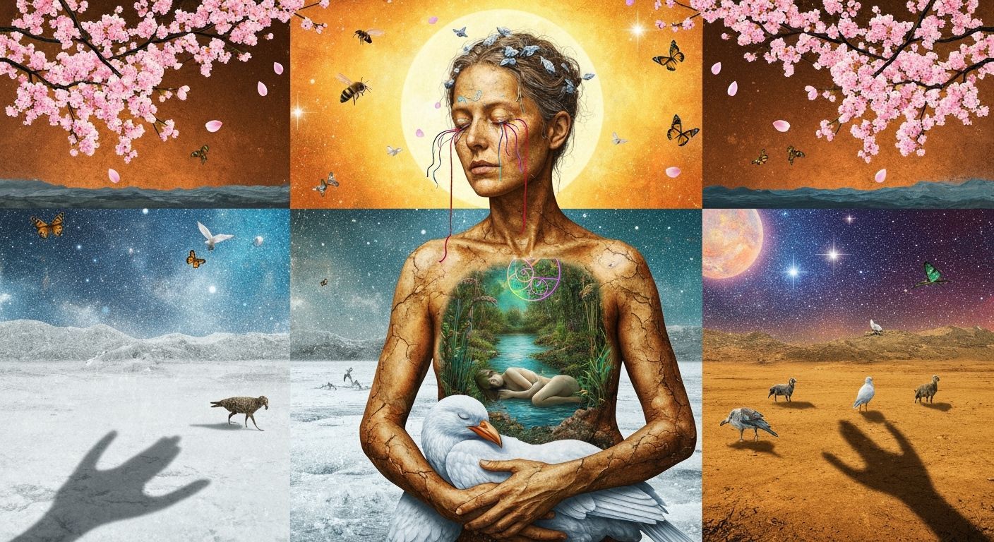  A mystical shaman, skin like burnt ice, stands within a bioluminescent frozen oasis, a labyrinth of music surrounding her. Snow embraces a ...