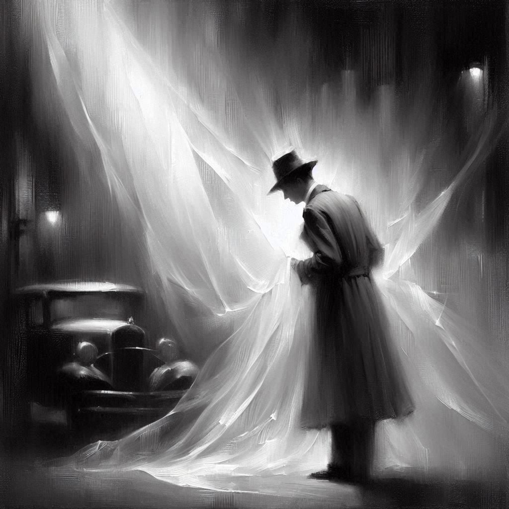 A 1930’s gumshoe investigating a dark and lonely street, in ...