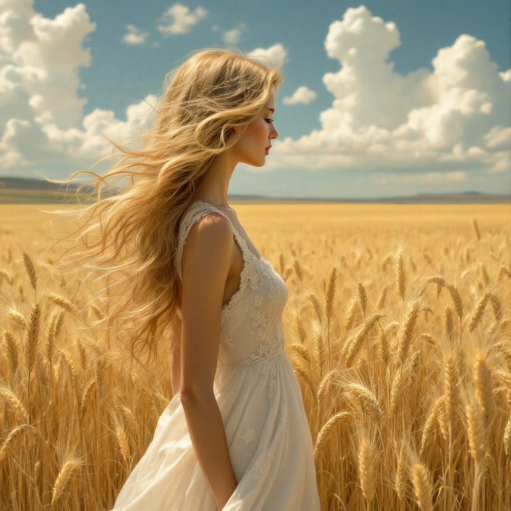 A portrait of a beautiful solitary woman standing near the wheat field 
