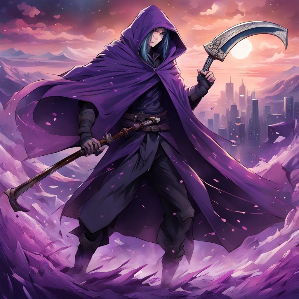 Long hair, purple hair and eyes, cloak, wielding scythe, mal...