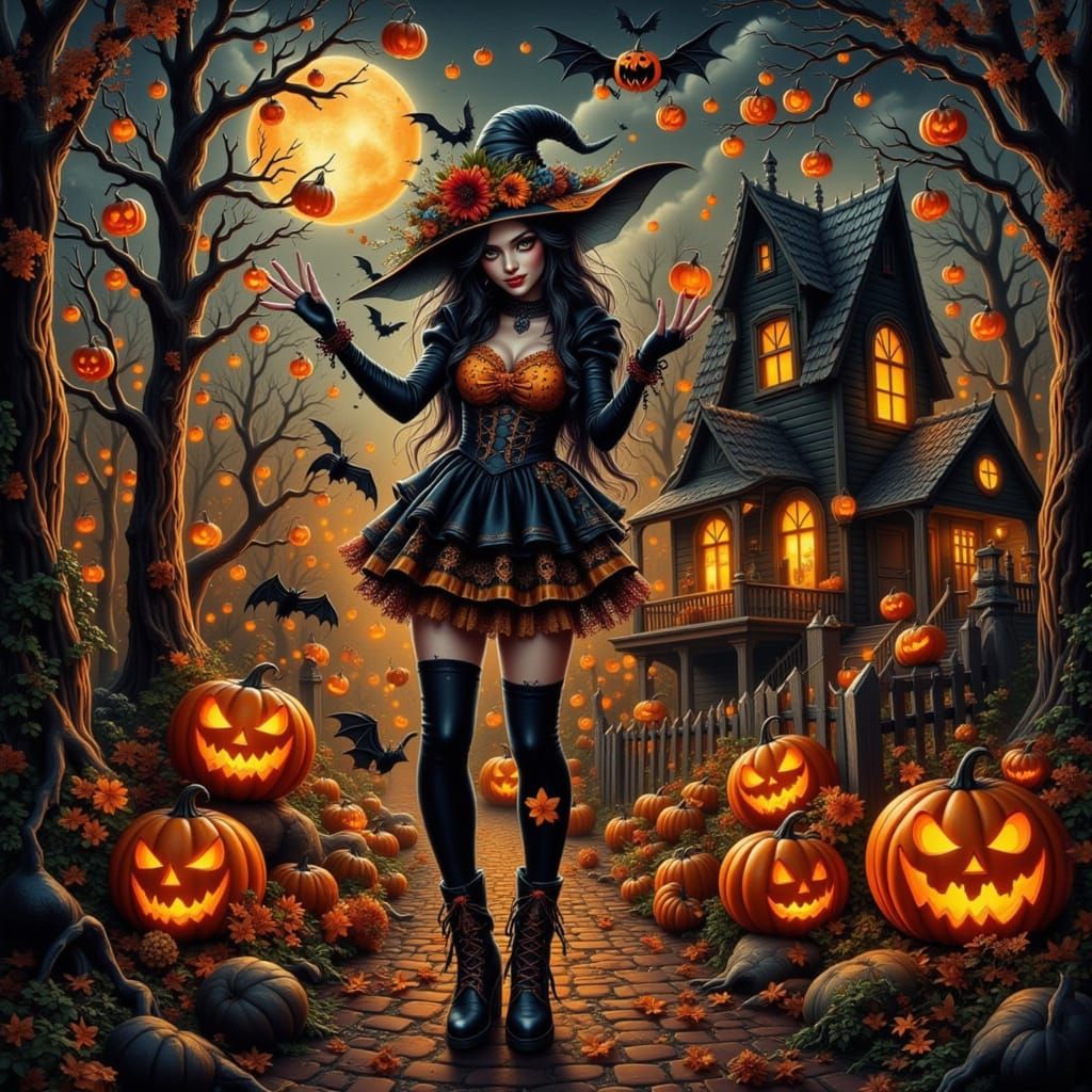 Enchanting Witch Before Haunted House on Halloween Night
