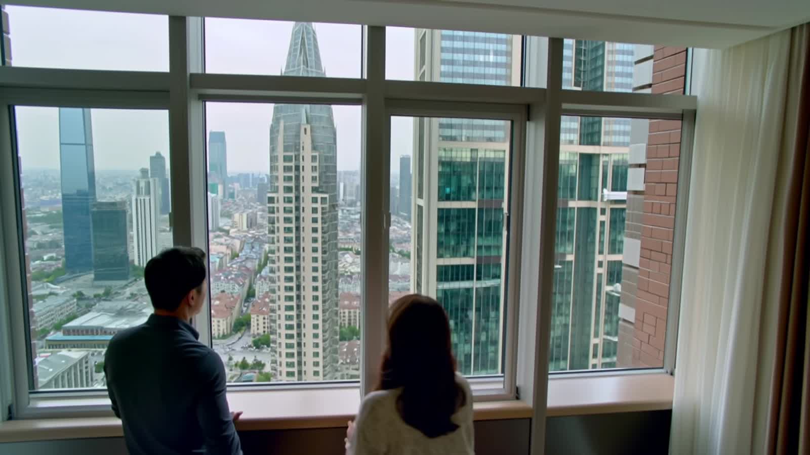 Man and woman are enjoying the view from the 127th floor apartment window over the city center. Suddenly Donald appears ...