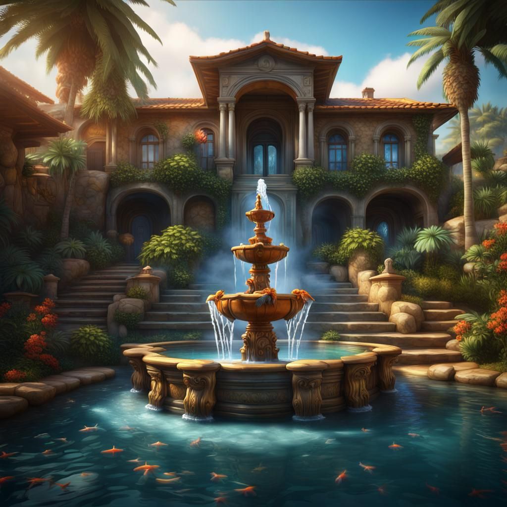 beautiful water fountain with goldfish in the water at the top of a